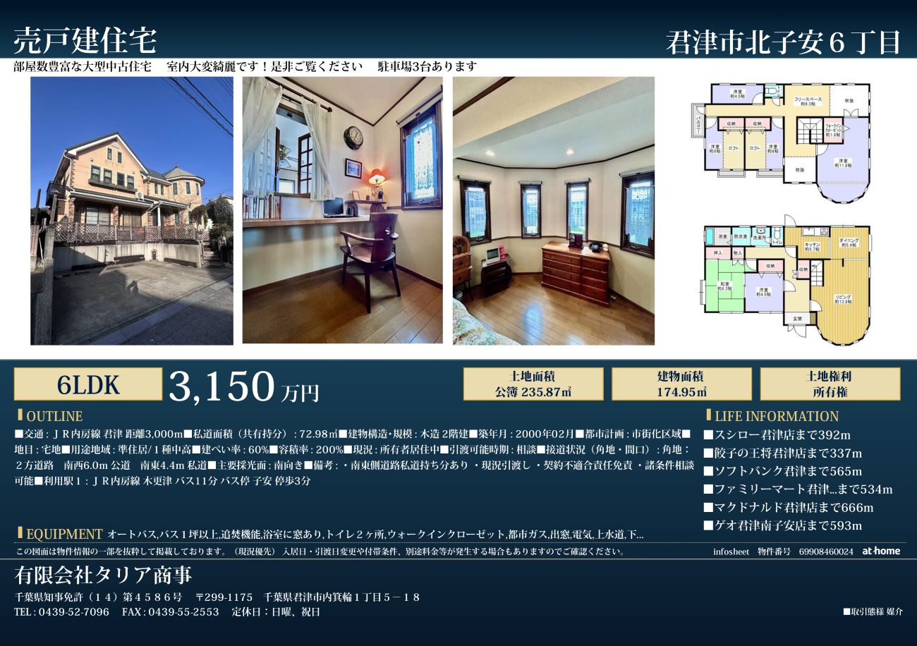 君津市北子安6丁目に佇む6LDKの大型木造2階建中古住宅をご紹介します。土地面積235.87平方メートル、建物面積174.95平方メートルを誇り、駐車場は3台分のスペースを確保しています。南向きの角地で陽当たりも良好です。
